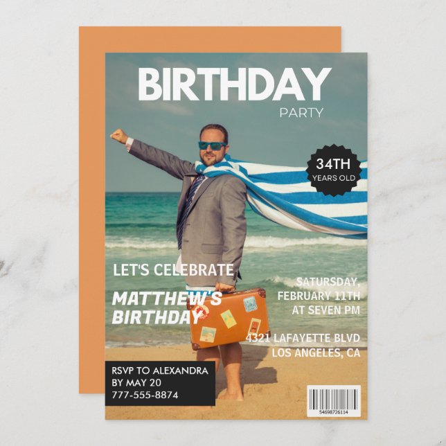 Modern Magazine Cover for him 34th birthday Invitation (Front/Back)