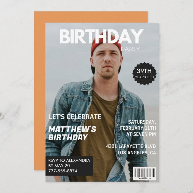 Modern Magazine Cover for him 39th birthday Invitation (Front/Back)