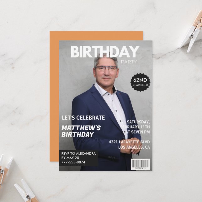 Modern Magazine Cover for him 62nd birthday Invitation (Front/Back In Situ)