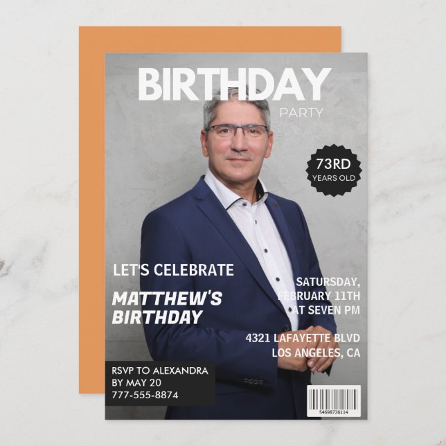 Modern Magazine Cover for him Photo 73rd birthday Invitation (Front/Back)