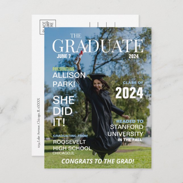 Modern Magazine Photo Graduation  Invitation Postcard (Front/Back)