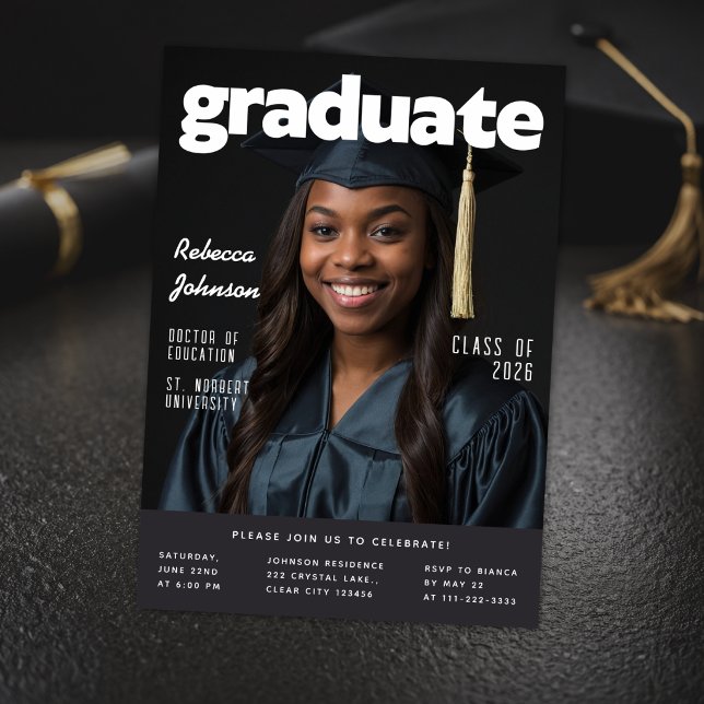 Modern Magazine Style Graduation Invitation (Bold magazine style graduation invitation with modern layout and standout photo design.)