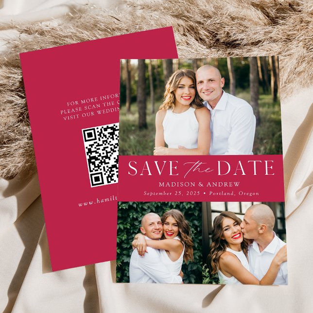 Modern Magenta 3 Photo QR Code Save The Date (Creator Uploaded)