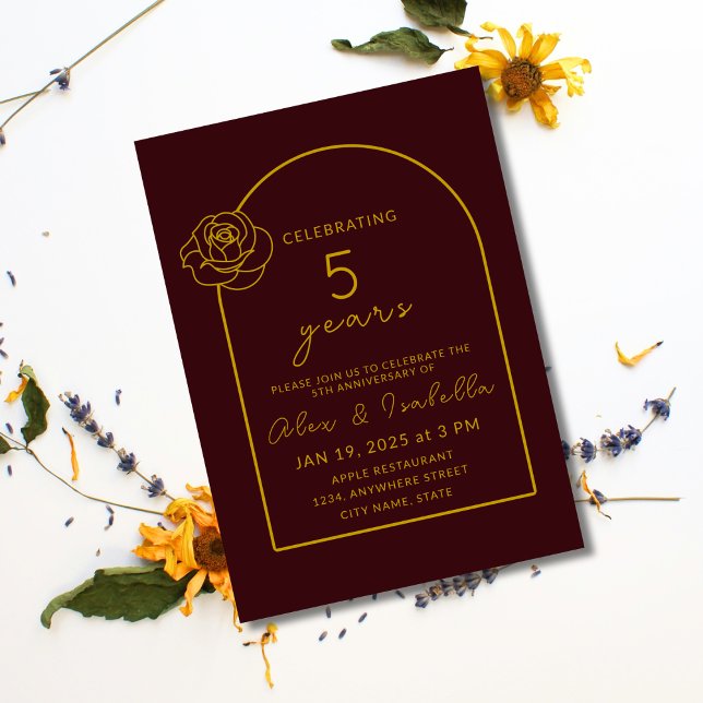 Modern magenta and Gold 5th Wedding Anniversary Invitation (Modern, elegant, minimalist magenta and gold custom 5th year wood wedding anniversary invitation)