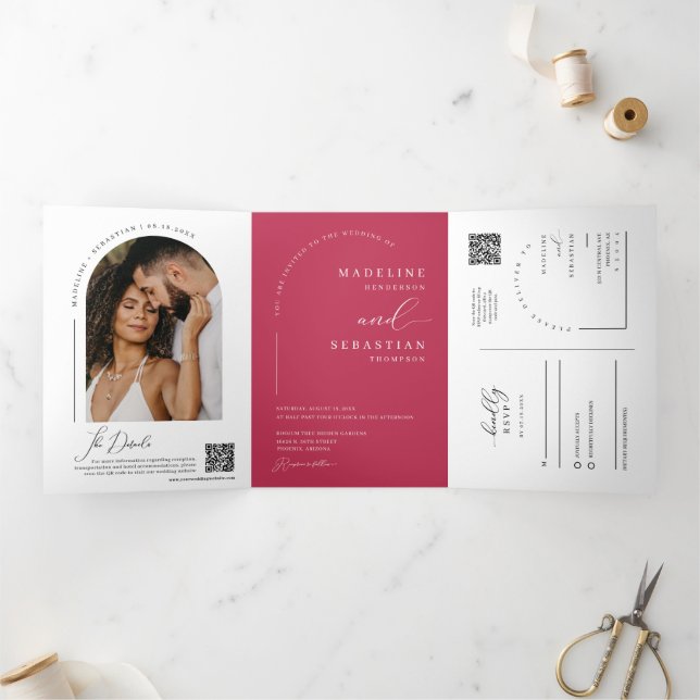 Modern Magenta Boho Arch Photo QR Code Wedding Tri-Fold Invitation (Inside)