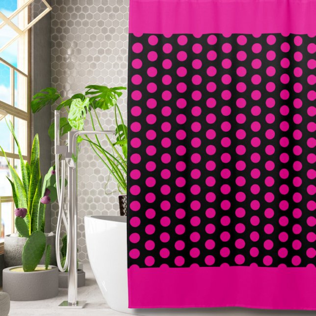 Modern Magenta Fuchsia Black Dots Shower Curtain (Creator Uploaded)