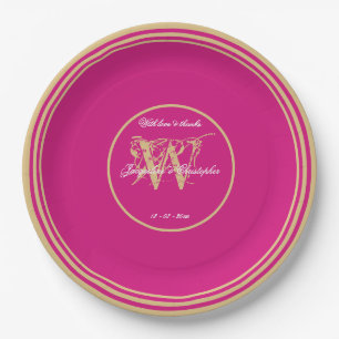 Modern Magenta + Gold Monogram Chic Wedding Paper Plate
