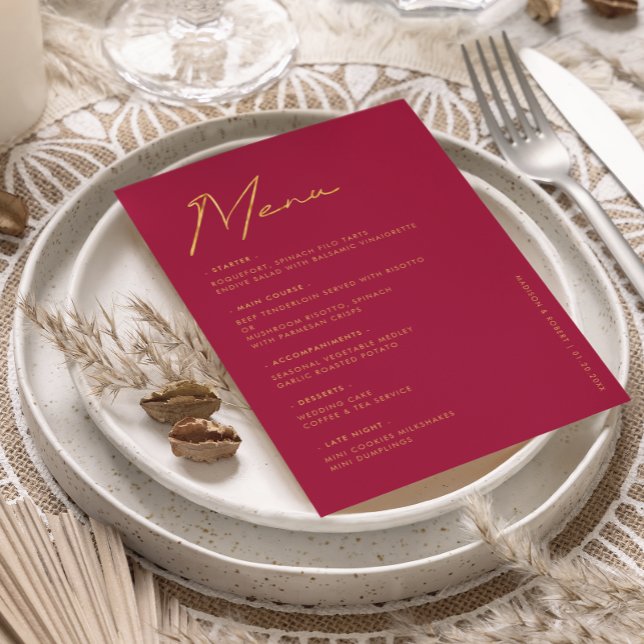 Modern Magenta Gold Typography Wedding Table Menu (Creator Uploaded)