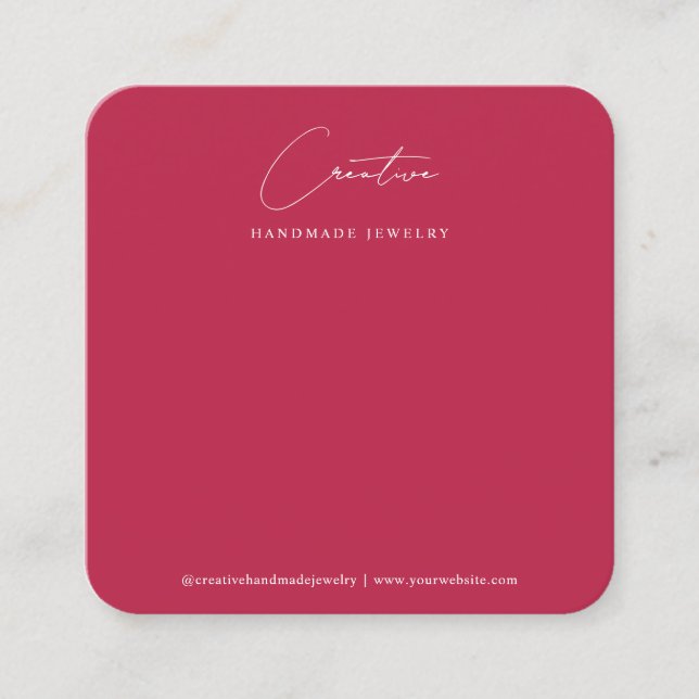 Modern Magenta Handwritten Script Jewellery Displa Square Business Card (Front)