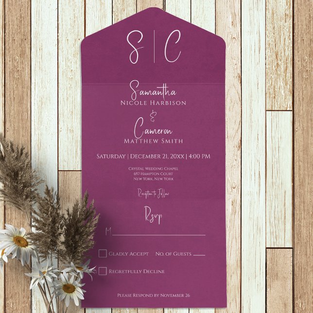 Modern Magenta Minimal Monogram No Dinner All In One Invitation (Creator Uploaded)