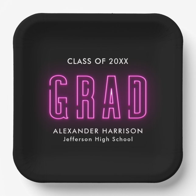 Modern Magenta Neon Graduation Paper Plate (Front)