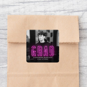 Modern Magenta Neon Graduation Square Sticker
