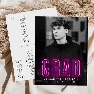Modern Magenta Neon Photo Graduation Party Invitation Postcard