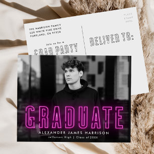 Modern Magenta Neon Photo Graduation Party Invitation Postcard