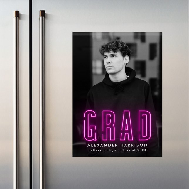 Modern Magenta Neon Vertical Photo Graduation Magnetic Invitation (Creator Uploaded)