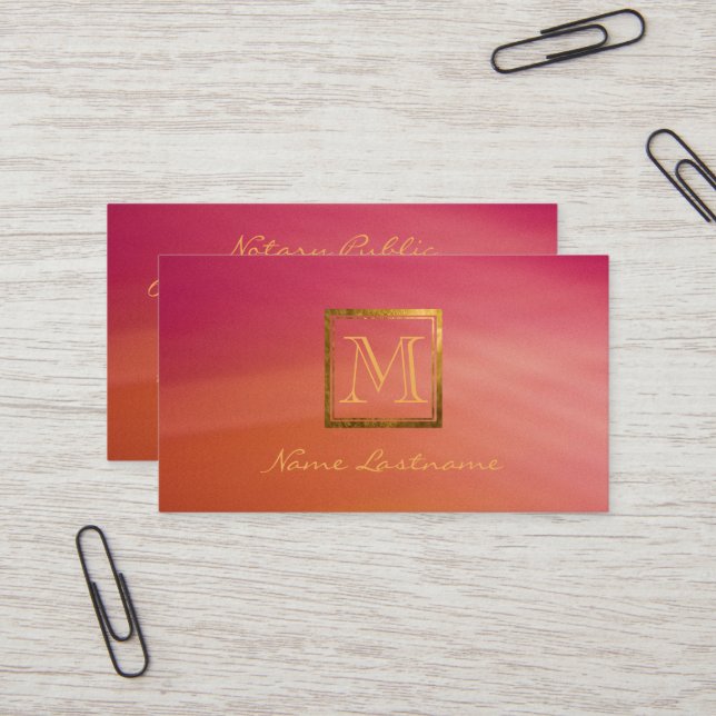 Modern Magenta Orange Abstract Gold Monogram Business Card (Front/Back In Situ)