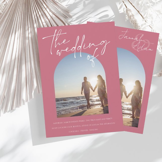 Modern Magenta Pink Arch Initial Photo Wedding Invitation (Creator Uploaded)