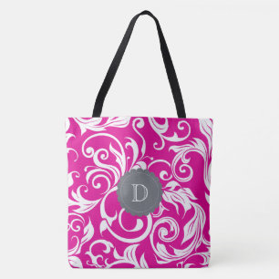 Modern Magenta Pink Grey Floral Wallpaper Monogram Tote Bag