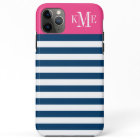 Modern Magenta Pink Navy Stripes Custom Monogram