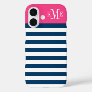 Modern Magenta Pink Navy Stripes Custom Monogram iPhone 16 Case