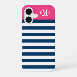 Modern Magenta Pink Navy Stripes Custom Monogram iPhone 16 Case