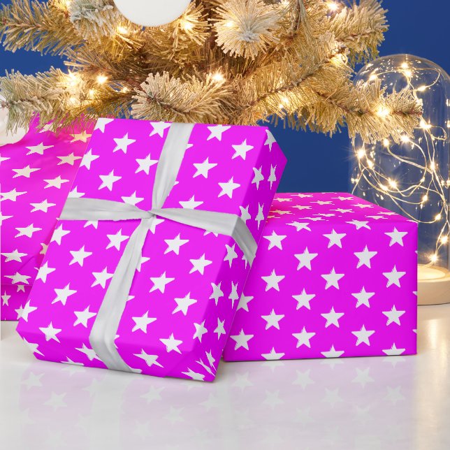 Modern magenta pink white stars pattern gift wrapping paper (Holidays)