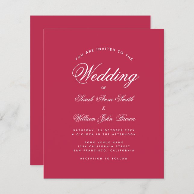 Modern Magenta Red Budget Wedding Invitation (Front/Back)