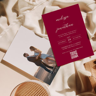 Modern Magenta Red Photo Script QR Code Wedding Invitation