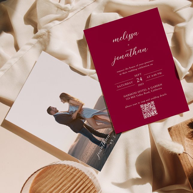 Modern Magenta Red Photo Script QR Code Wedding Invitation (Creator Uploaded)