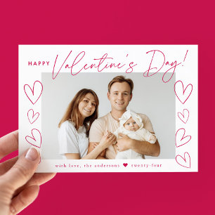 Modern Magenta Script Valentine's Day Photo Holiday Card