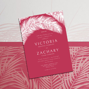 Modern Magenta White Summer Palm Leaves Wedding Invitation