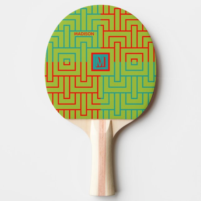 Modern Magneta Green Geometric Pattern Monogram    Ping Pong Paddle (Front)