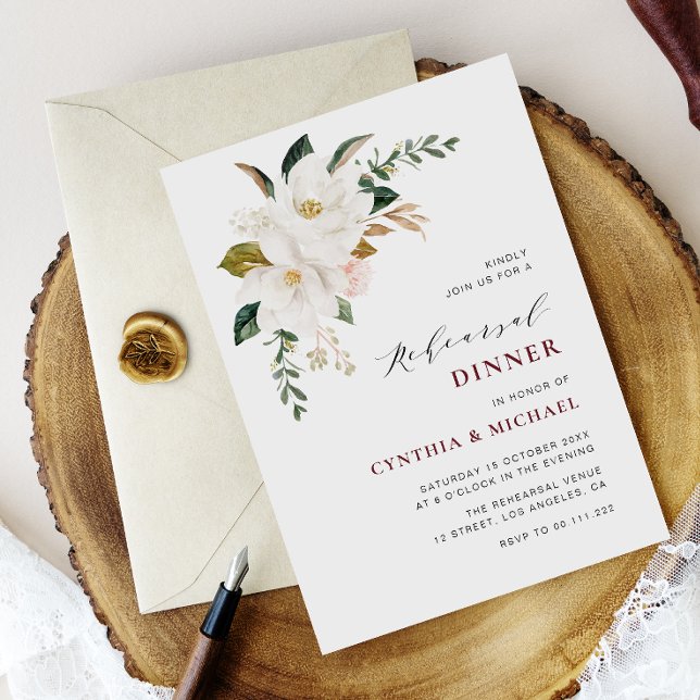 modern magnolia burgundy rehearsal dinner invitation (Creator Uploaded)
