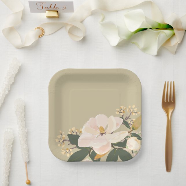 Modern Magnolia Floral Bouquet Custom Paper Plate (Wedding)