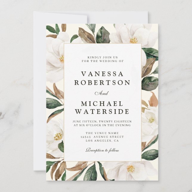 modern magnolia floral wedding invitation (Front)