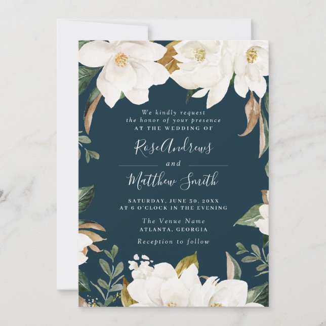 modern magnolia navy floral wedding invitation (Front)