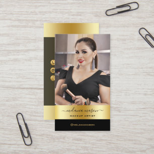 Modern Makeup Artist Black Gold Custom Photo  Busi Business Card