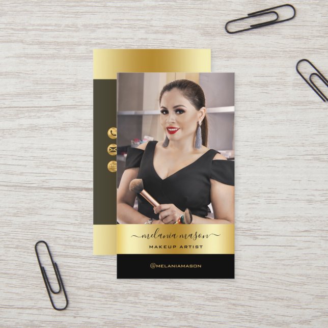 Modern Makeup Artist Black Gold Custom Photo  Busi Business Card (Front/Back In Situ)