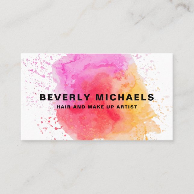 Modern Makeup Artist Hair Salon Watercolor Splash Business Card (Front)