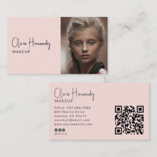 Modern Makeup Artist Photo Blush Pink QR Code Business Card