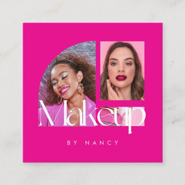 Modern Makeup Artist Photo Collage Hot Pink  Square Business Card (Front)