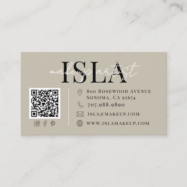 Modern Makeup Artist QR Code Business Card (Front)