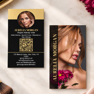 Modern Makeup Artist Qr Code Photo Black Gold Business Card