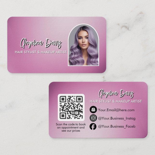 Modern makeup bold purple photo qr code business card (Front/Back)