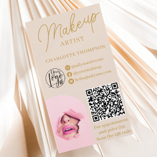 Modern makeup gold beige logo Qr code 2 photos Business Card