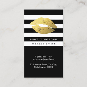 Modern Makeup Gold Lips - Chic Black White Stripes Business Card
