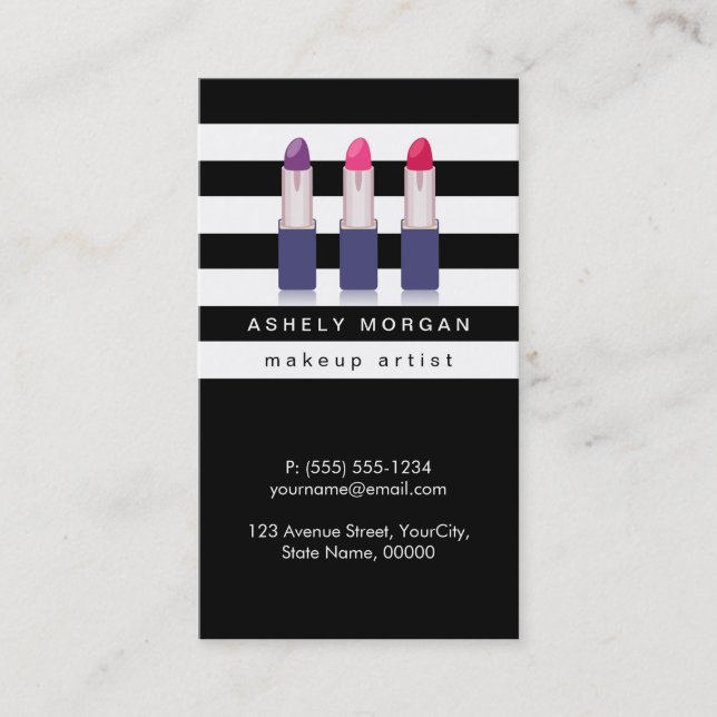 Modern Makeup Lipsticks - Chic Black White Stripes Business Card (Front)