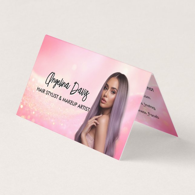 Modern makeup pink photo qr code business card (Front)