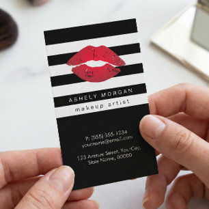 Modern Makeup Red Lips - Chic Black White Stripes Business Card