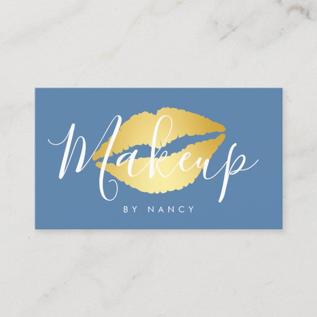 Modern Makeup Typography  Dusty Blue Lips Business Card (Front)